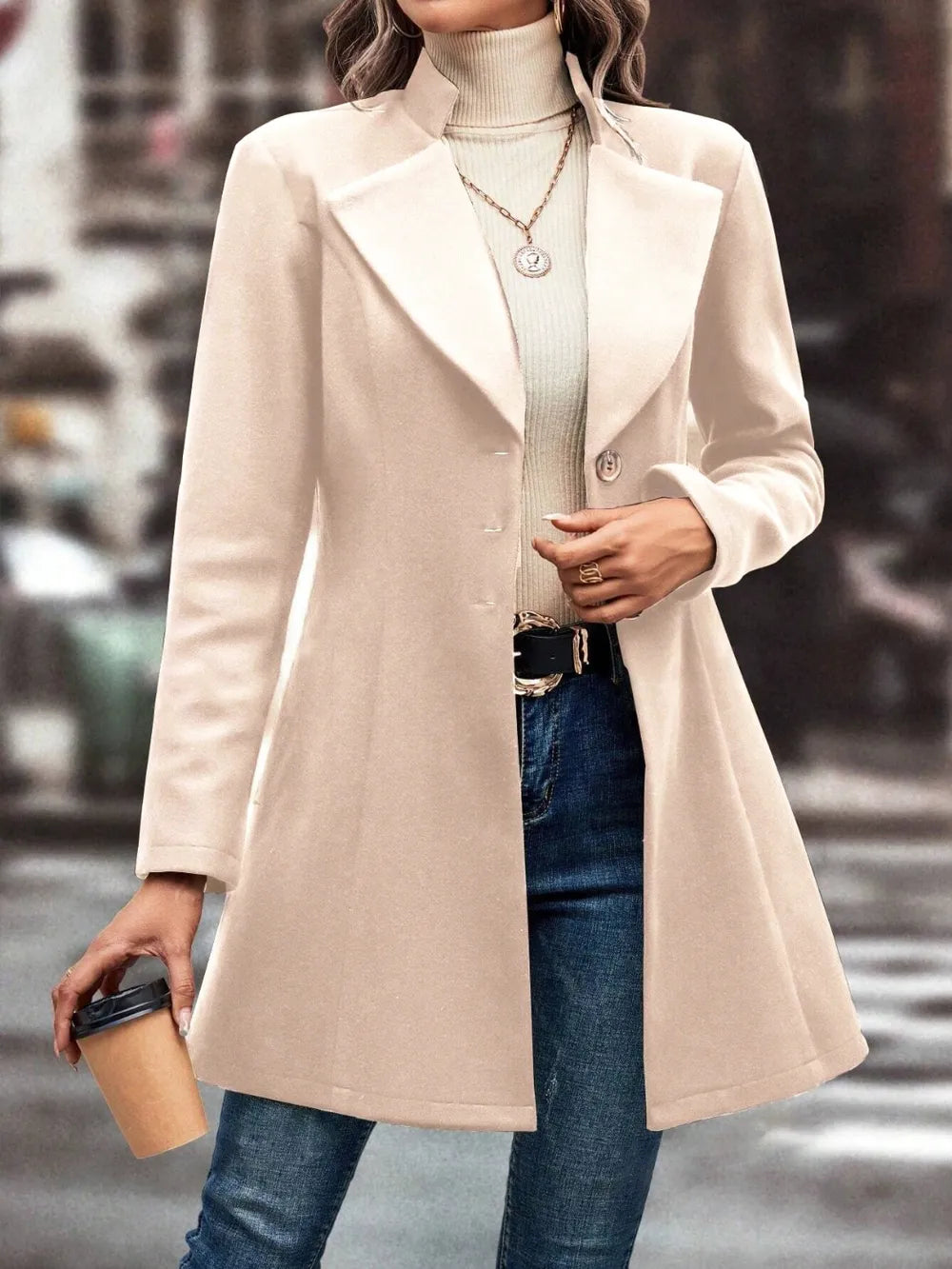 Collared Neck Long Sleeve Longline Coat, view 7