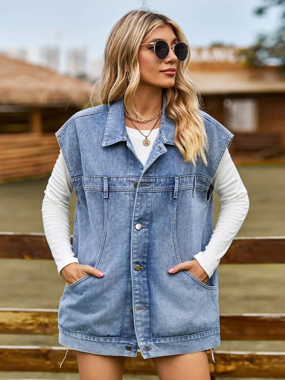 Button Up Collared Neck Sleeveless Denim Jacket - Lilixa.store