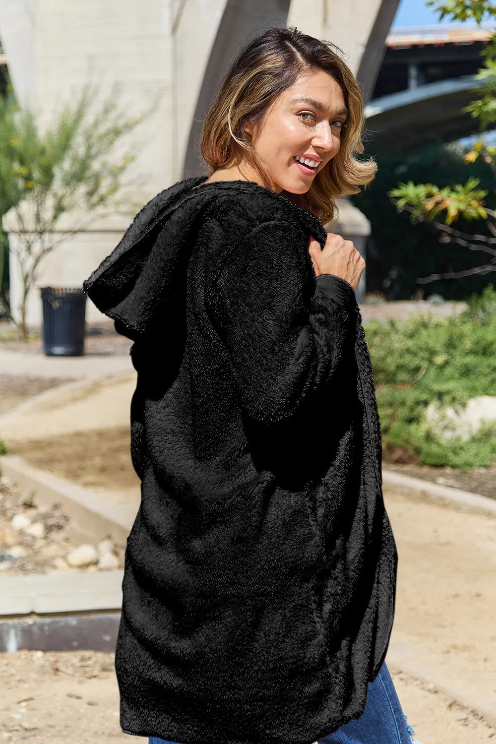 Double Take Full Size Hooded Teddy Bear Jacket with Thumbholes - Lilixa.store