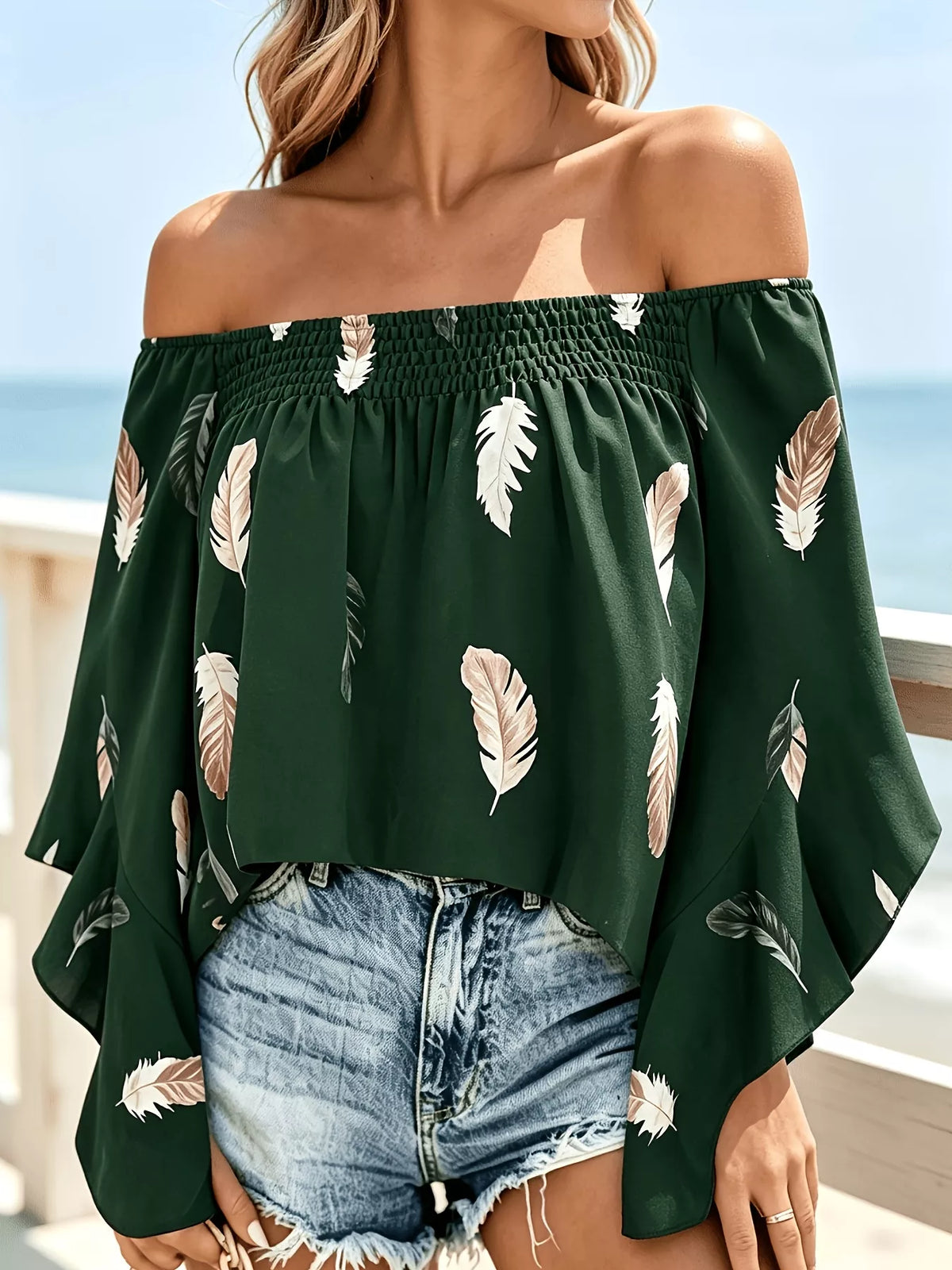 Printed Off Shoulder Blouse in Dark Green