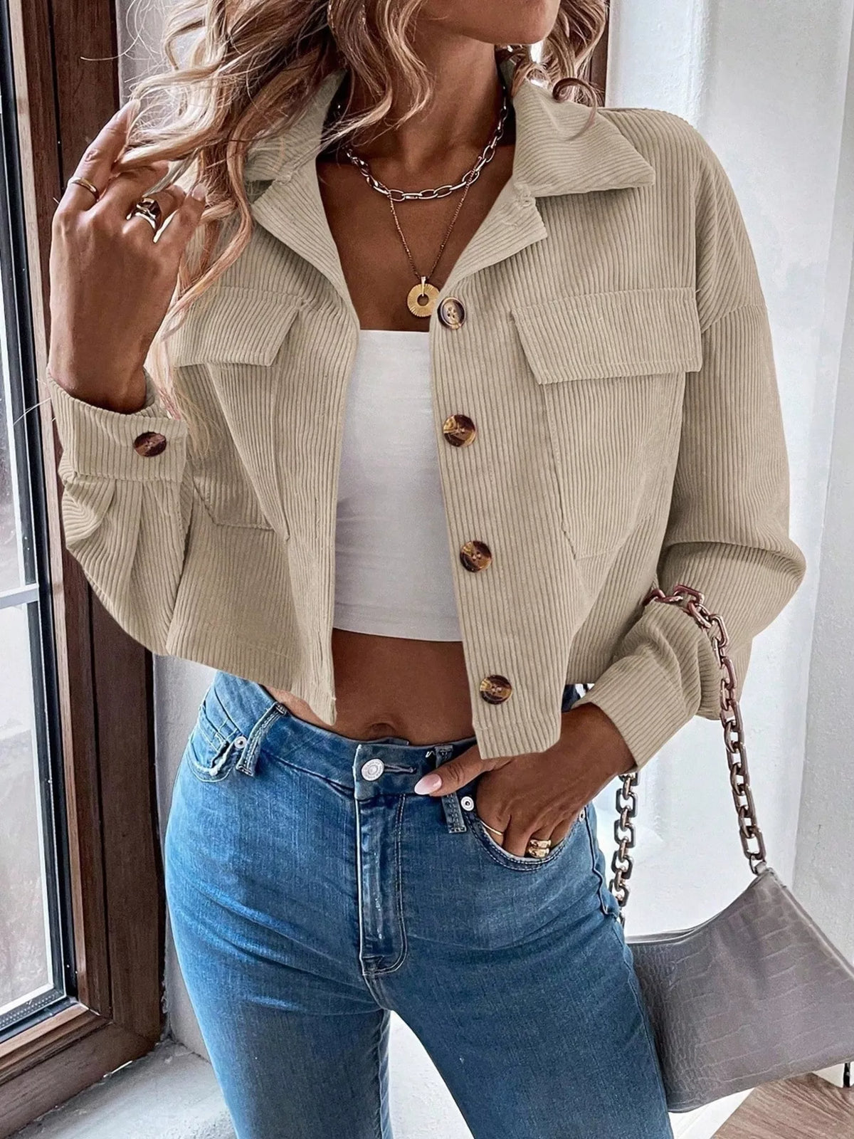 Cropped Corduroy Button-Down Jacket - Lilixa.store