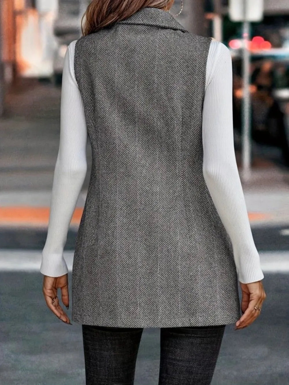 Buttoned Collared Neck Longline Vest Coat, view 3