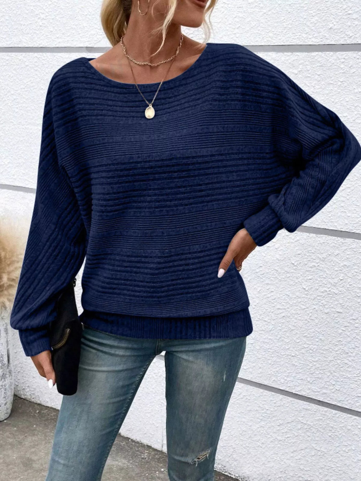 Ribbed Round Neck Long Sleeve Top - Lilixa.store