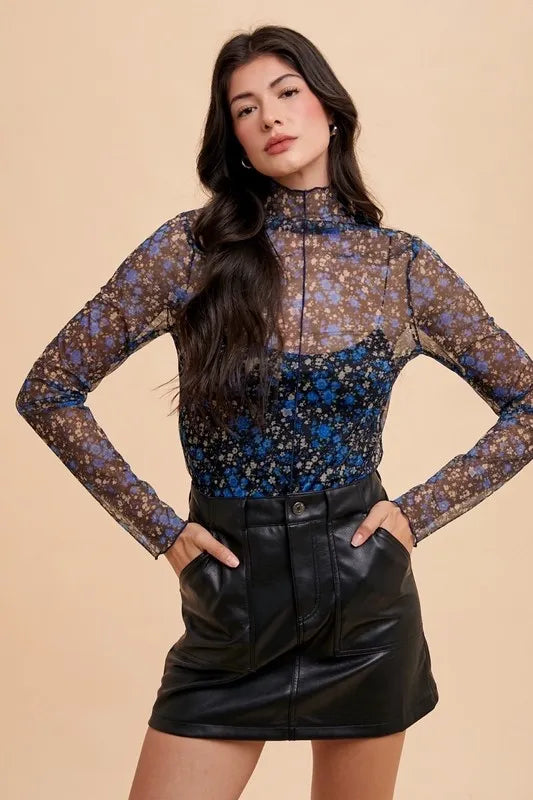 Annie Wear Floral Lettuce Hem Sheer Mesh Top in Black/Blue