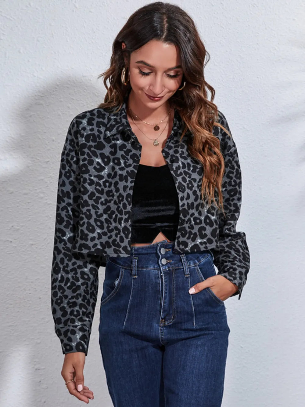 Leopard Button Up Collared Neck Cropped Jacket in Black, view 3