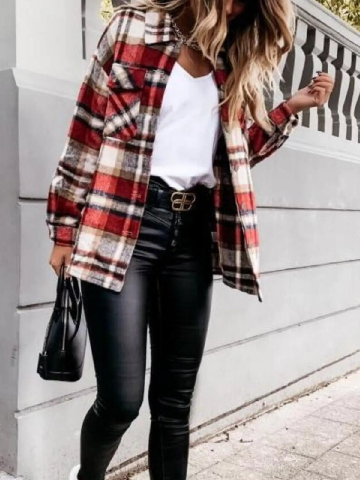 Plaid Button-Down Long Sleeve Shacket, view 5