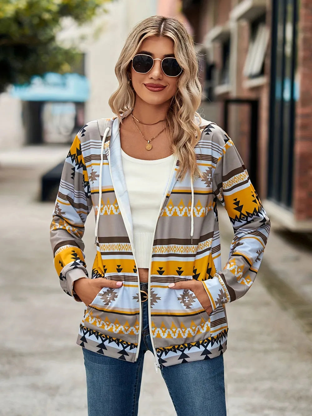 Geometric Zip Up Long Sleeve Hooded Jacket in Mustard