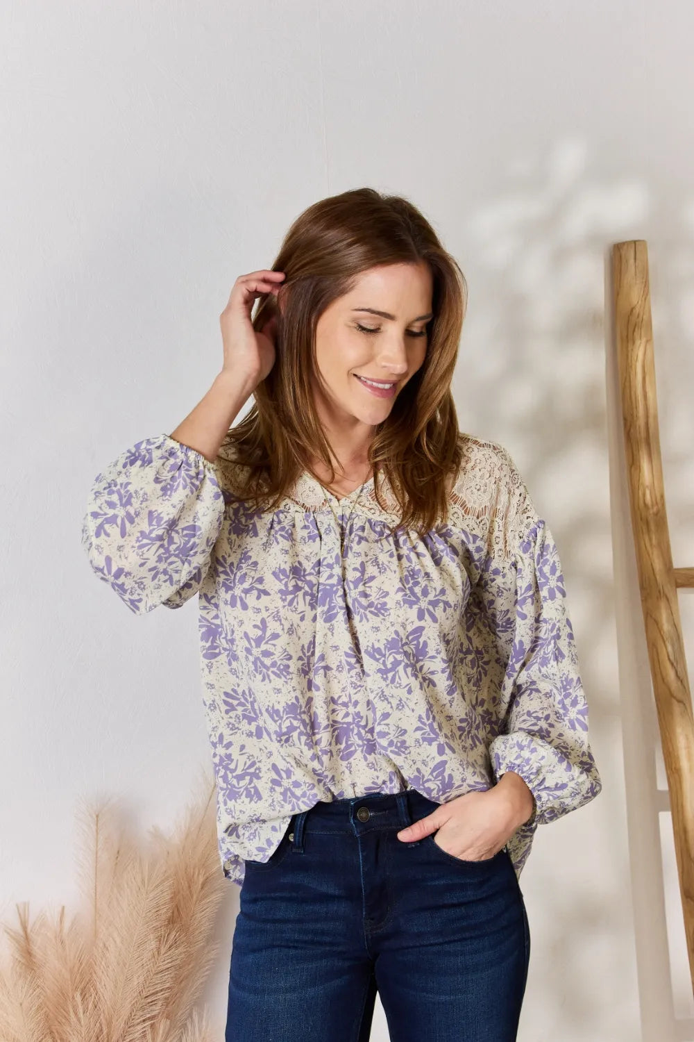 Hailey & Co Full Size Lace Detail Printed Blouse - Lilixa.store