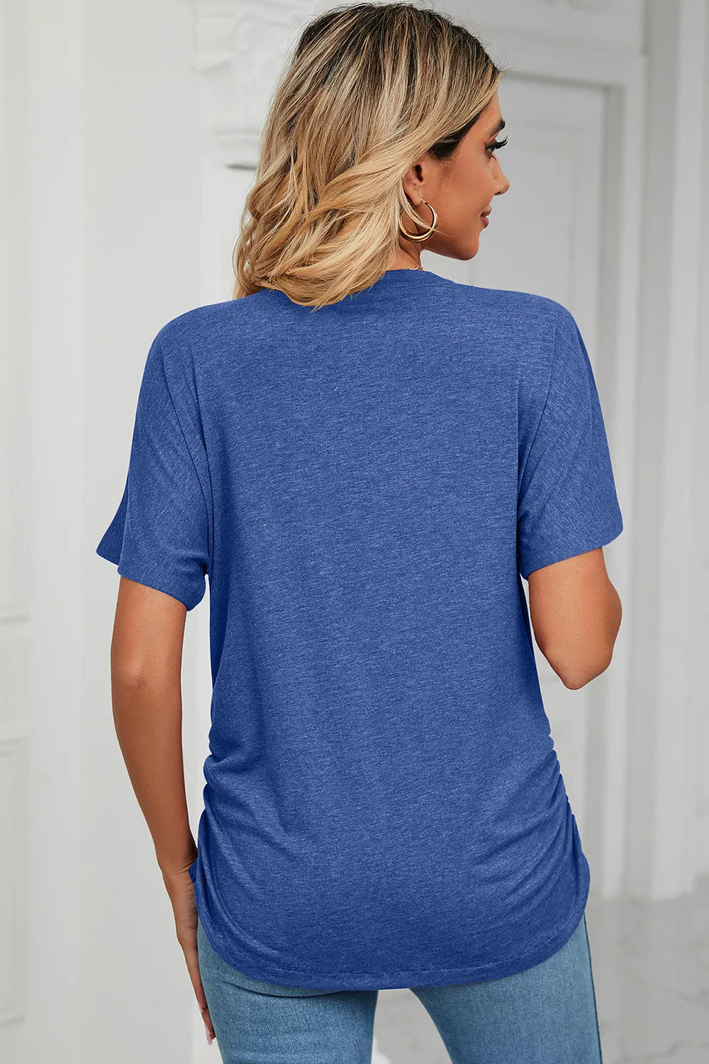 Ruched V-Neck Short Sleeve T-Shirt - Lilixa.store