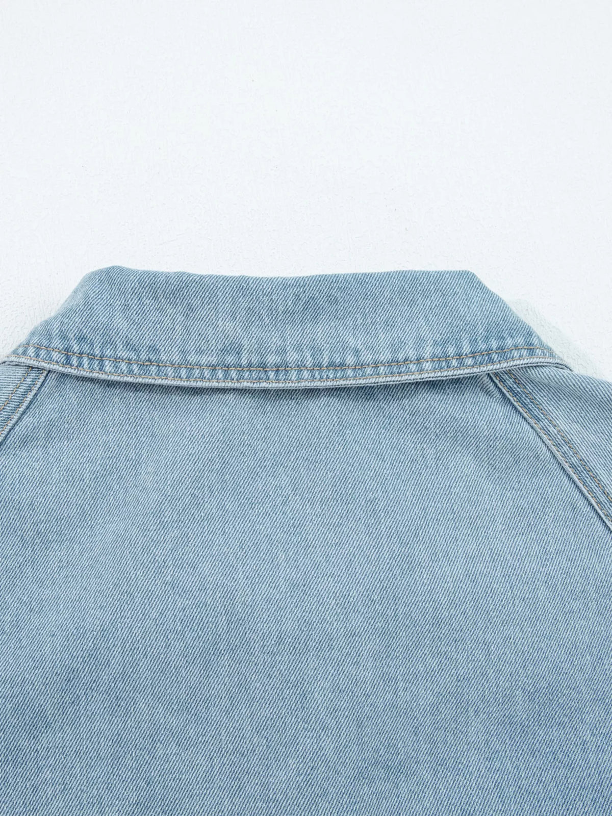 Elastic Edge Collared Zip Up Denim Jacket With Pocket, view 8