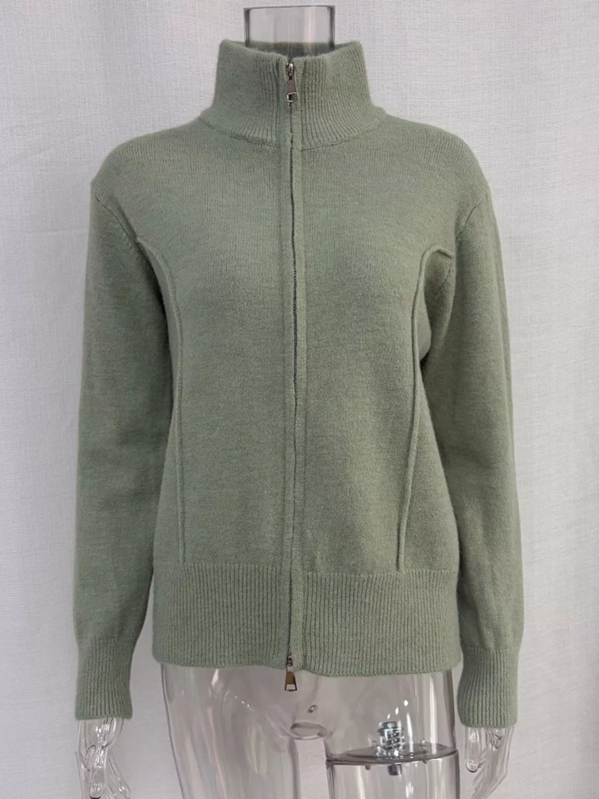 Zip-Up Mock Neck Cardigan and Matching Midi Skirt Sweater Set, view 12