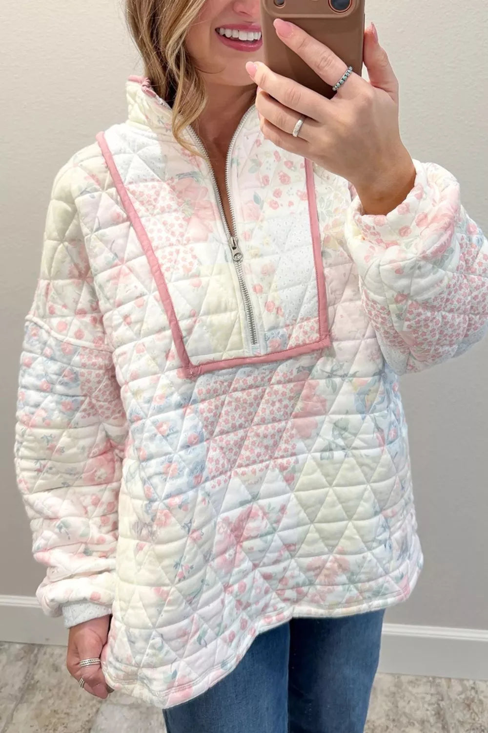 Floral Quilted Half Button Pocketed Pullover Sweatshirt - Lilixa.store
