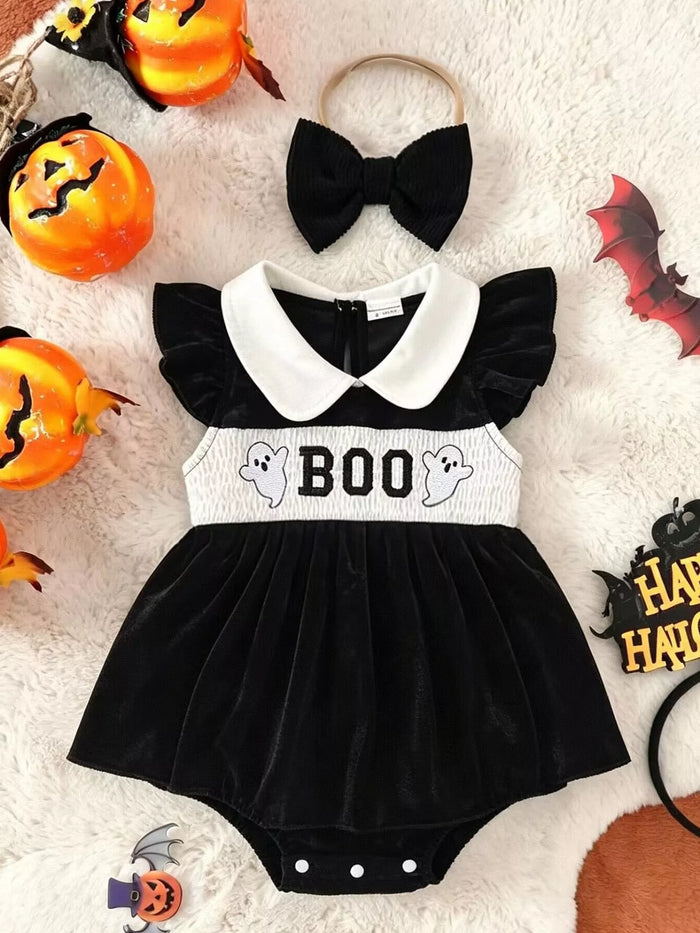 Children's Halloween 'BOO' Ghost Velvet Bodysuit Dress and Bow Headband Set - Lilixa.store