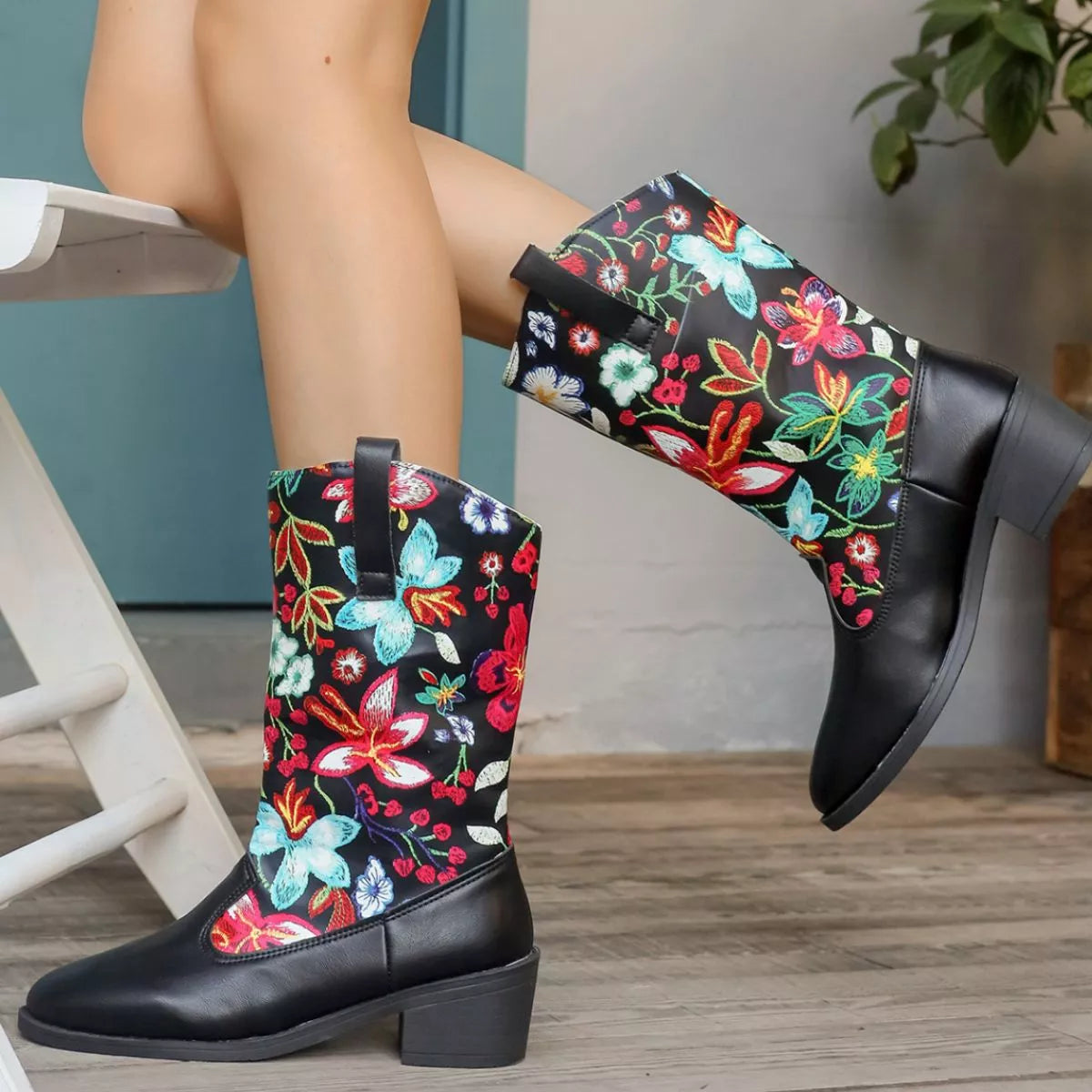 Floral Block Heel Boots, view 5