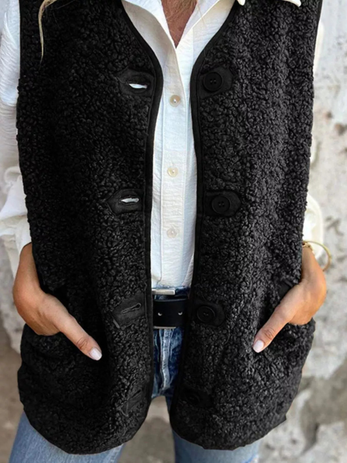 Full Size Cozy Sherpa Fleece Button-Up Vest Coat with Pockets Plus Size - Lilixa.store