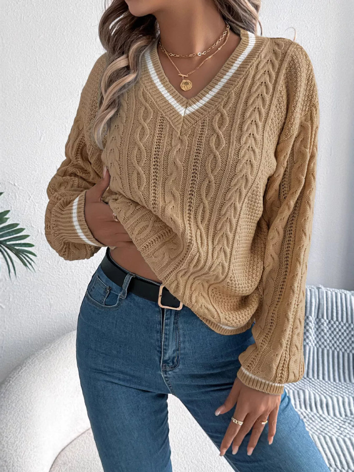 V-Neck Cable Knit Sweater with Striped Trim