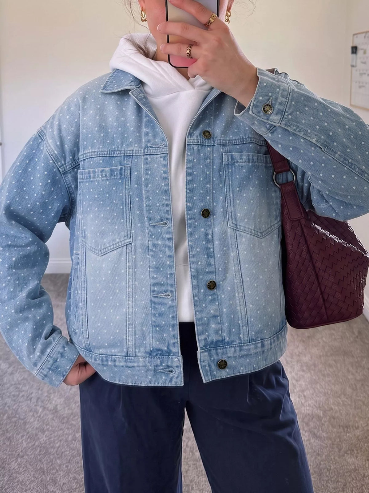 Polka Dot Long Sleeve Collar Pocket Casual Shift Silhouette Denim Jacket in Light Blue, view 3