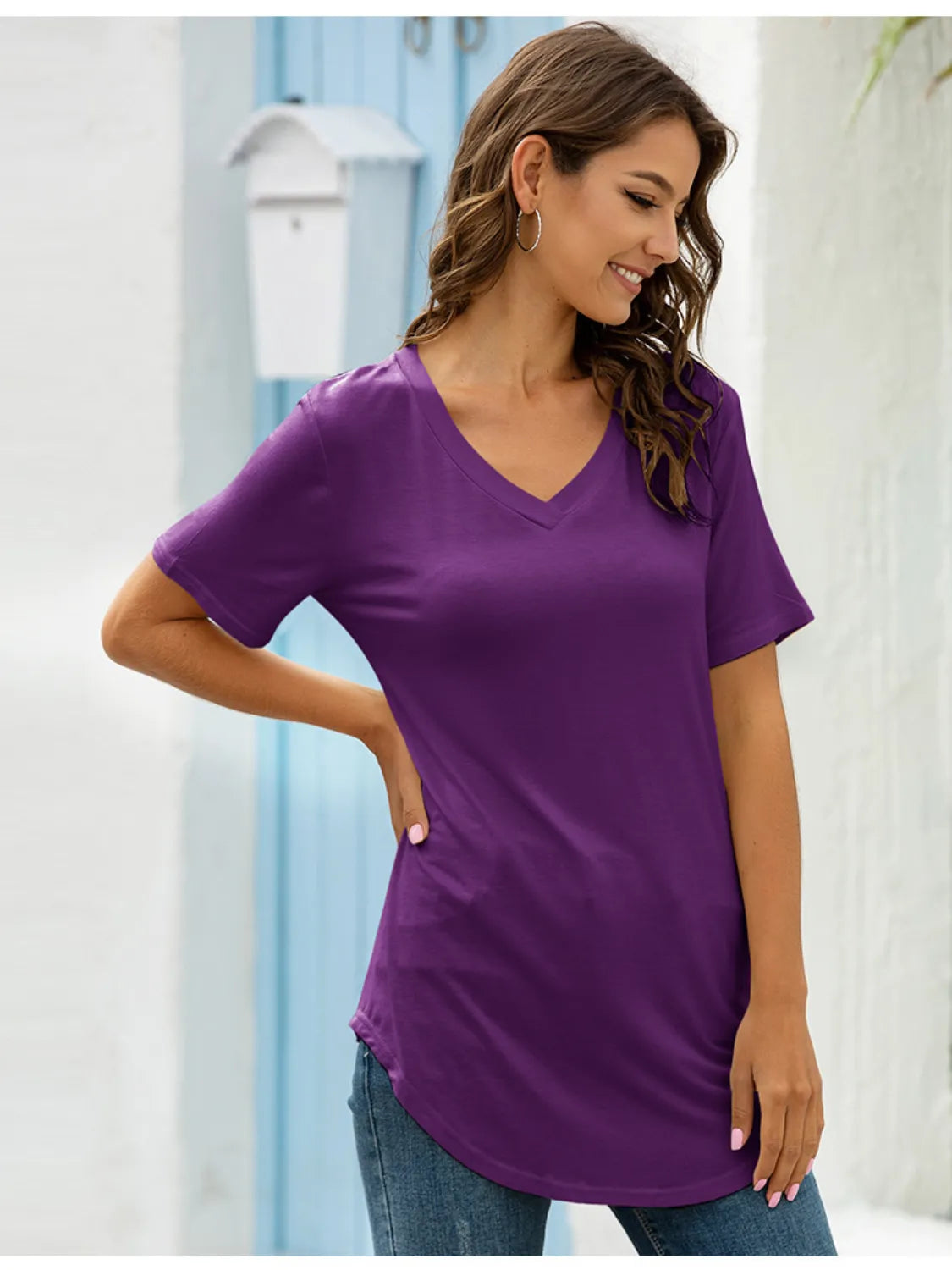 Full Size Solid V-Neck Short Sleeve T-Shirt Plus Size - Lilixa.store