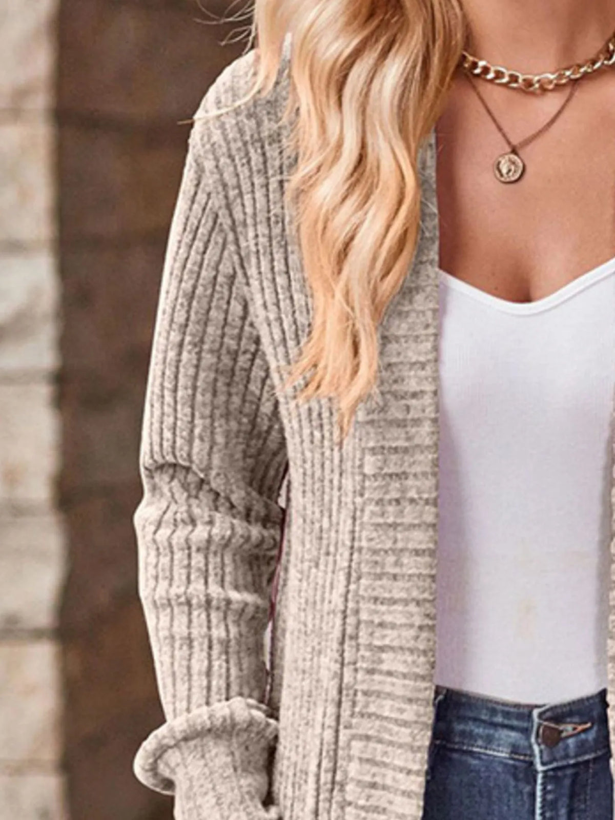 Ribbed Knit Open Front Cardigan with Pockets, view 7