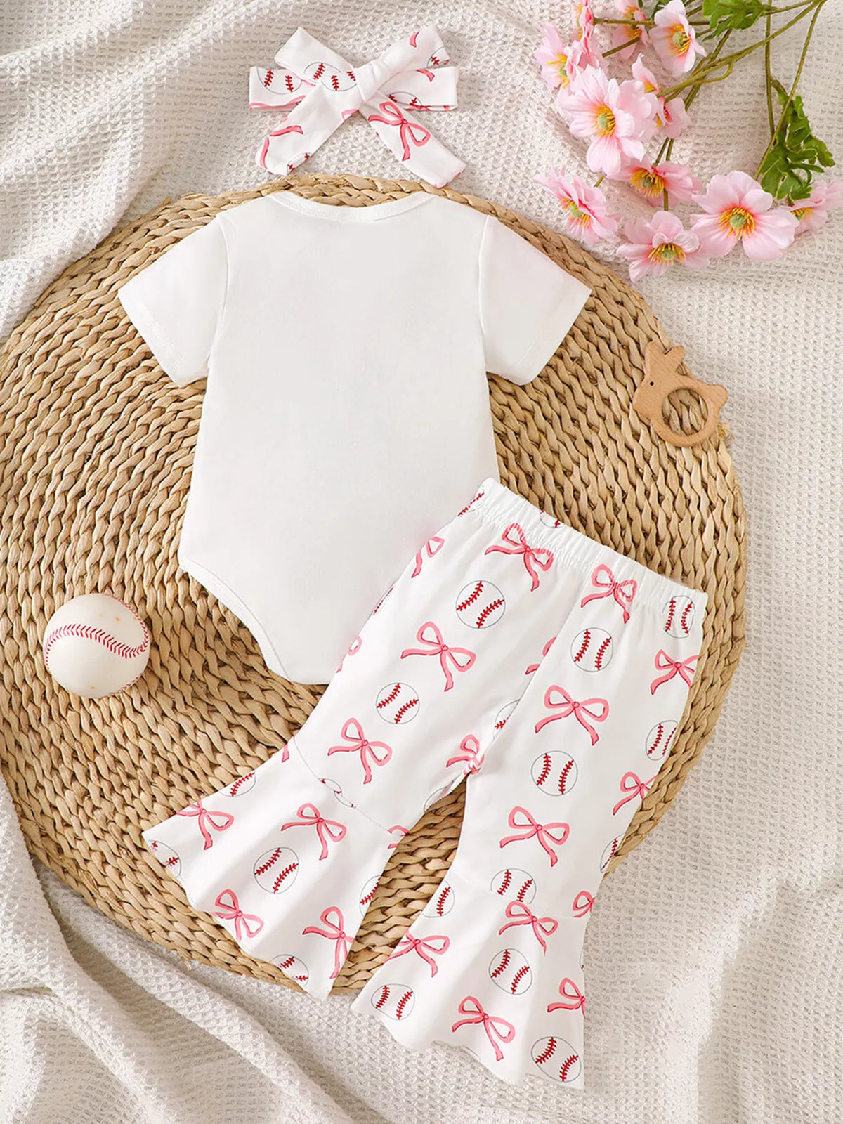 Children's Baseball Short Sleeve Bodysuit and Bow Pants Set with Headband - Lilixa.store