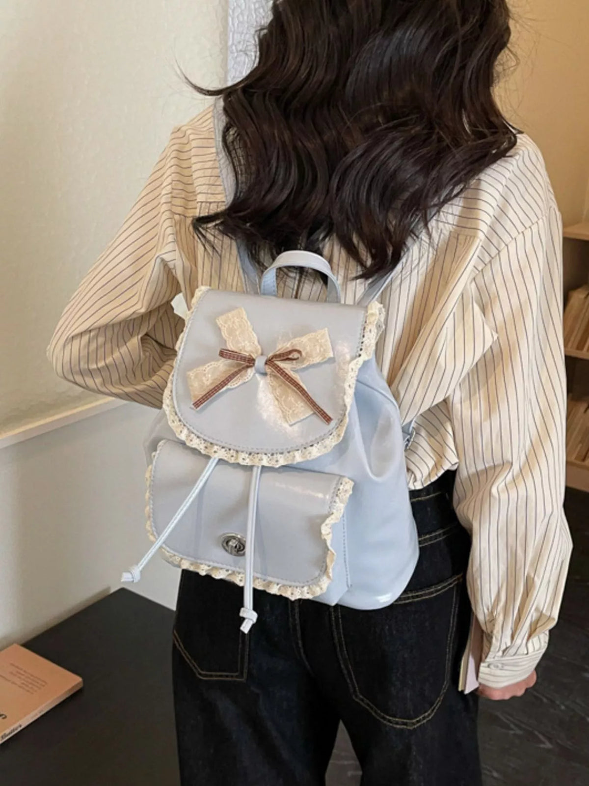 Lace Trim Bow Decor Backpack Bag - Lilixa.store