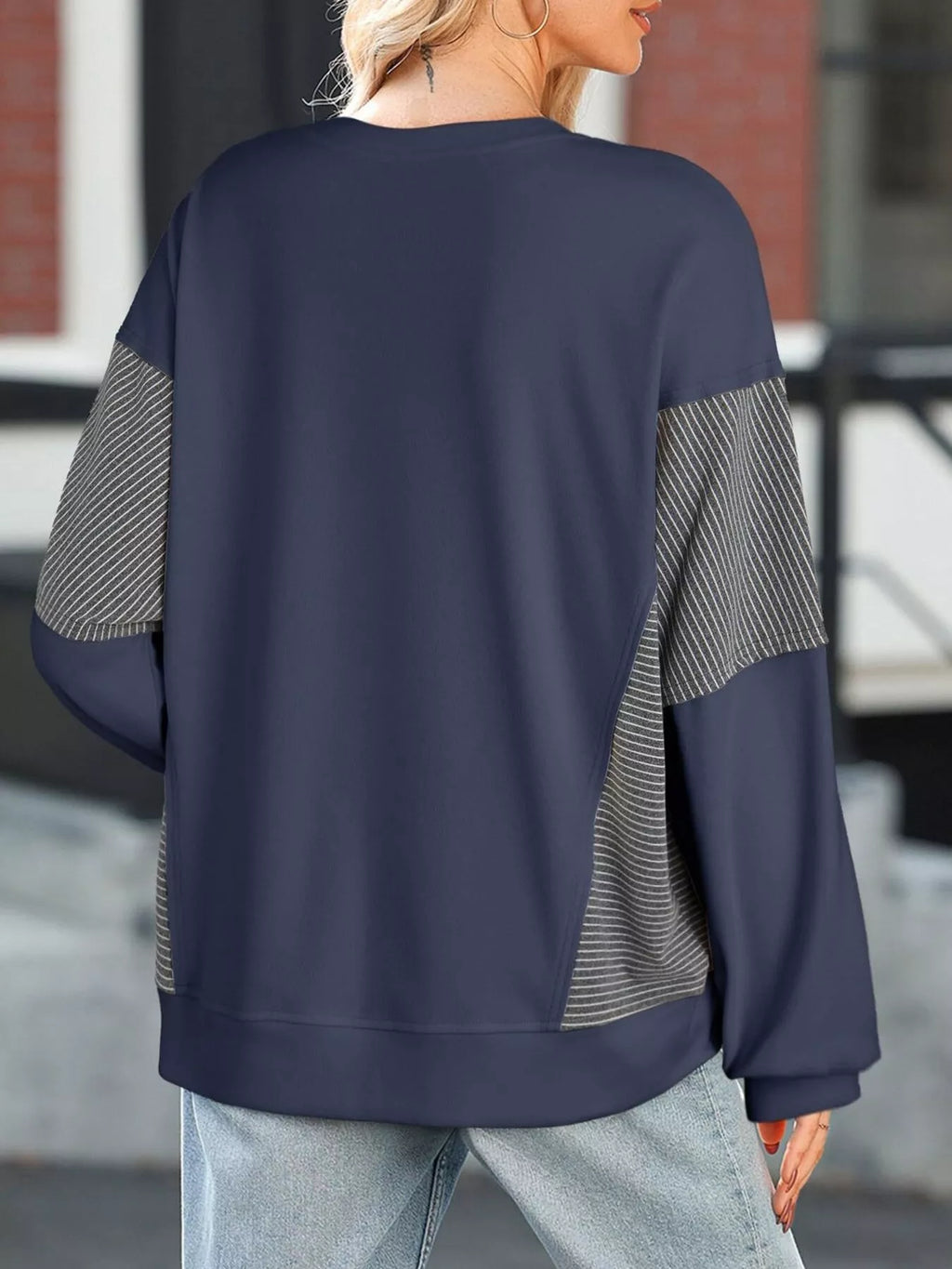 Striped Round Neck Long Sleeve Sweatshirt - Lilixa.store