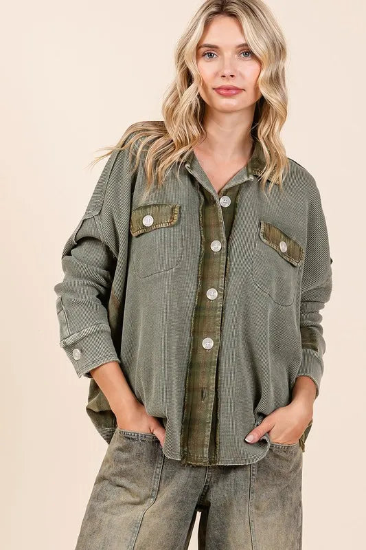 Mittoshop Mineral Washed Plaid Button Down Shacket in Olive