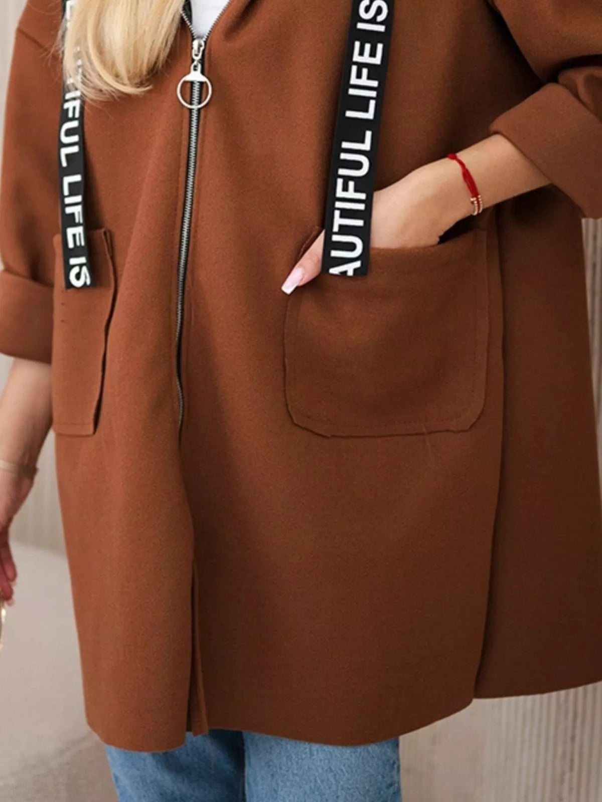 Full Size Hooded Zip-Up Longline Outerwear Plus Size, view 10