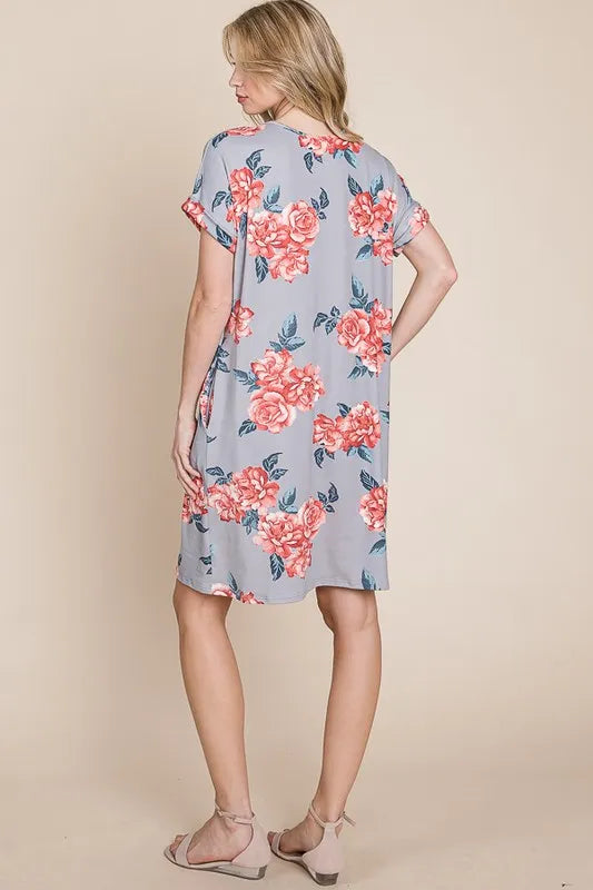 BOMBOM Floral Round Neck Short Tee Dress with Pockets - Lilixa.store
