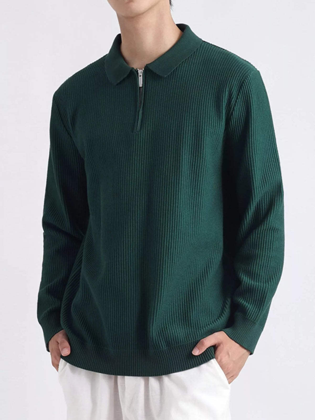 Men's Plus Size Quarter-Zip Ribbed Knit Top in Dark Green