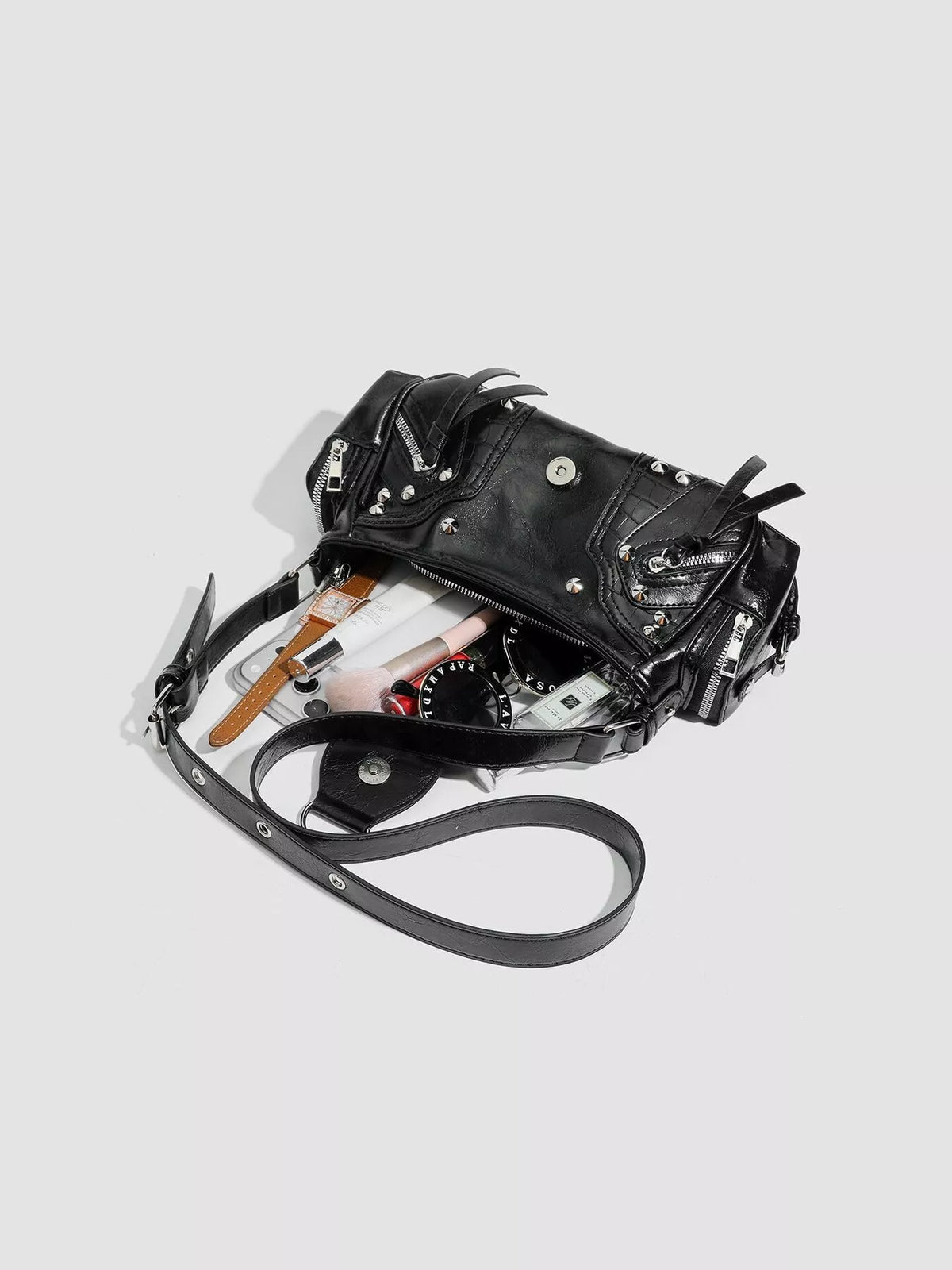 Y2K Style Rivet Embellished Patent Leather Shoulder Bag in Black, view 6