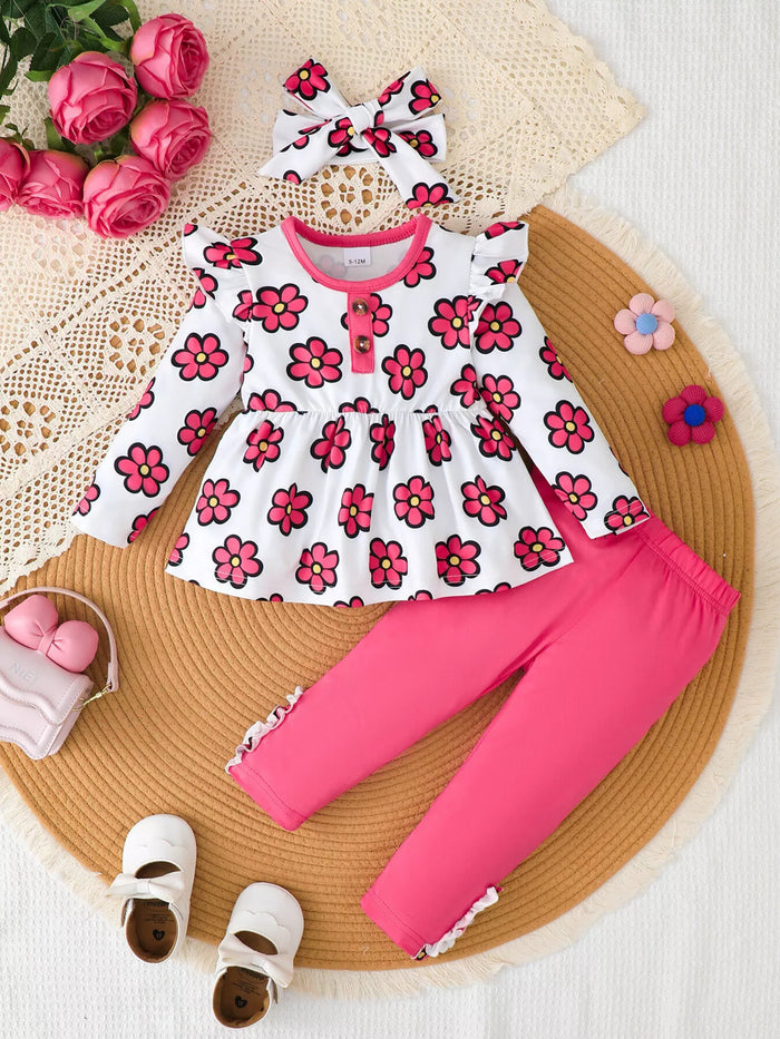 Children's Floral Ruffle Peplum Top and Leggings Set with Headband in Rose Red