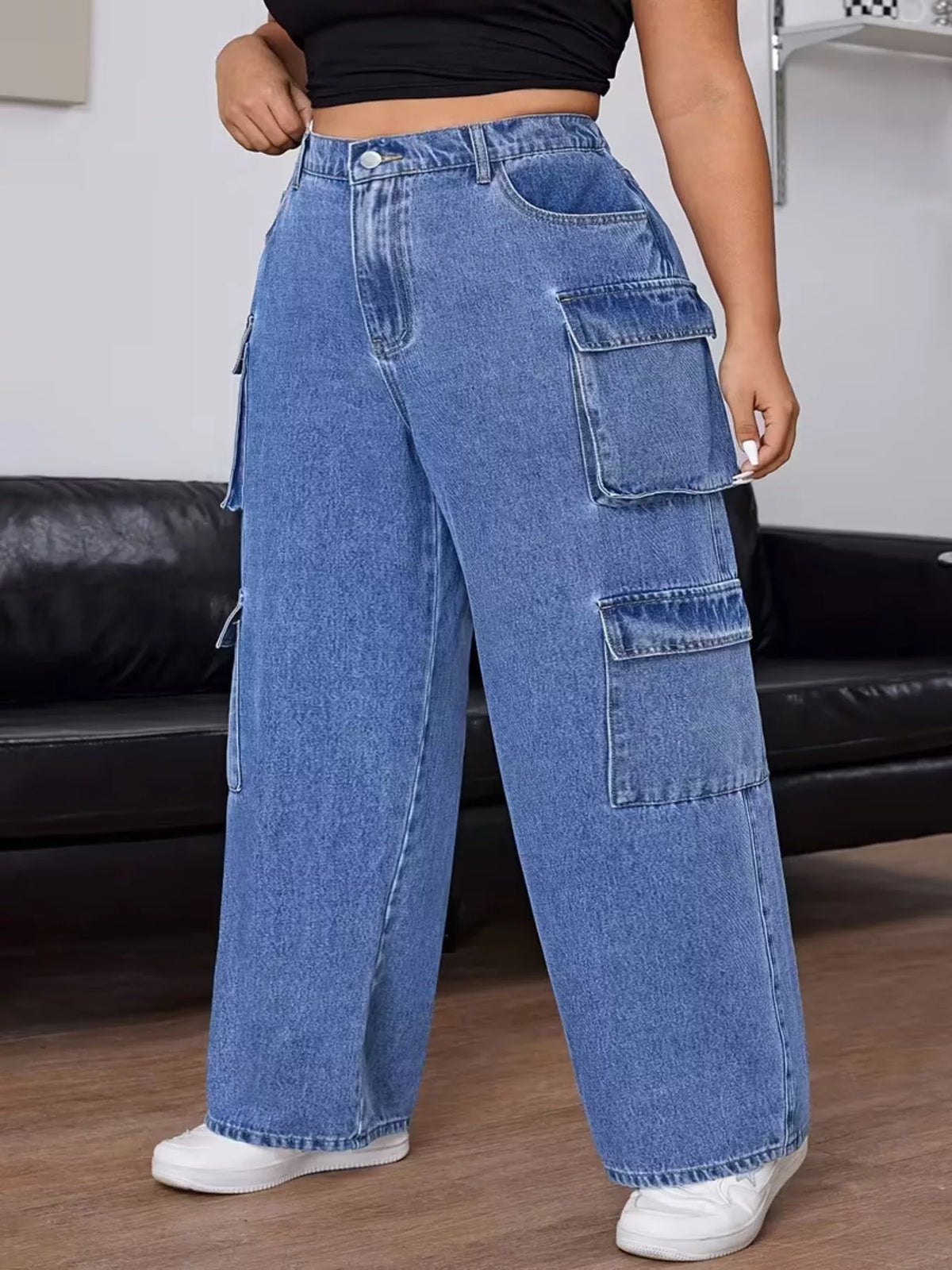 Plus Size High-Waisted Wide Leg Cargo Jeans