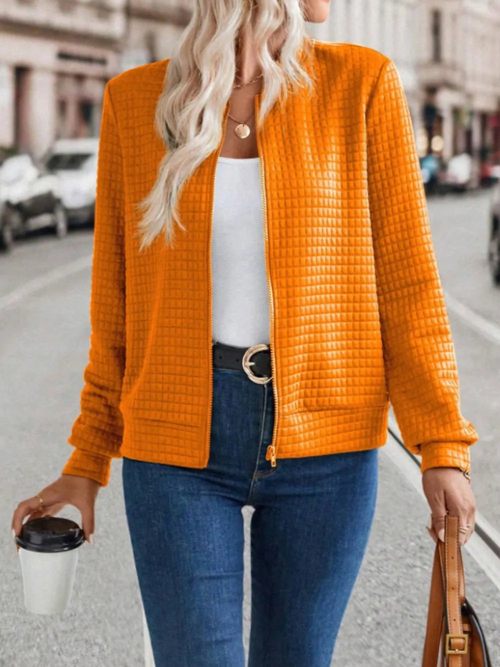 Zip Up Long Sleeve Jacket in Tangerine