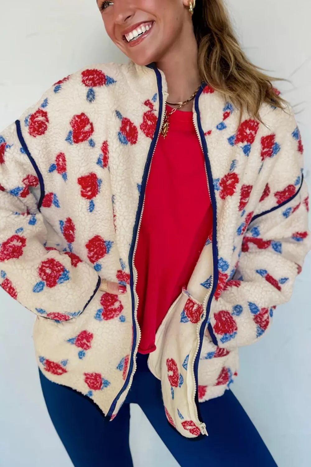 Floral Print Zipper Stand Neck Outerwear Fleece Coat in Scarlet, view 4