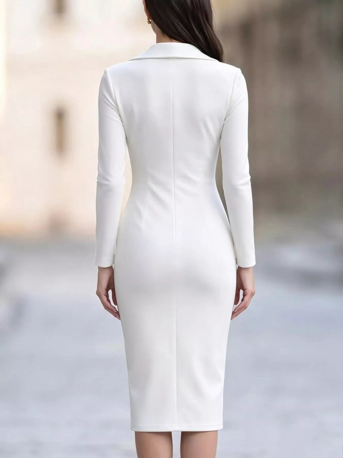 Elegant Asymmetric Zipper Lapel Bodycon Midi Dress, view 3