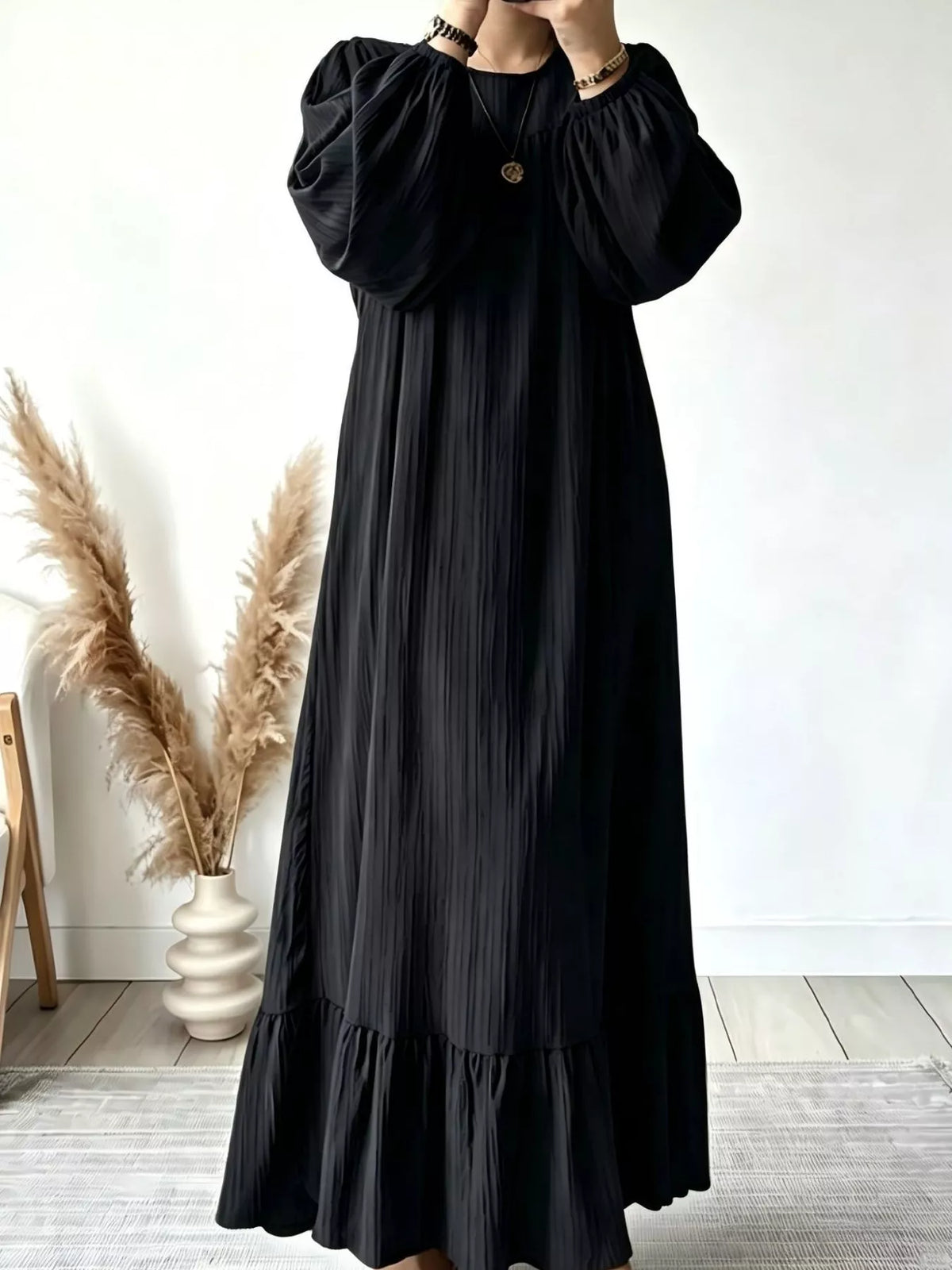 Full Size Textured Puff-Sleeve Maxi Dress Plus Size in Black