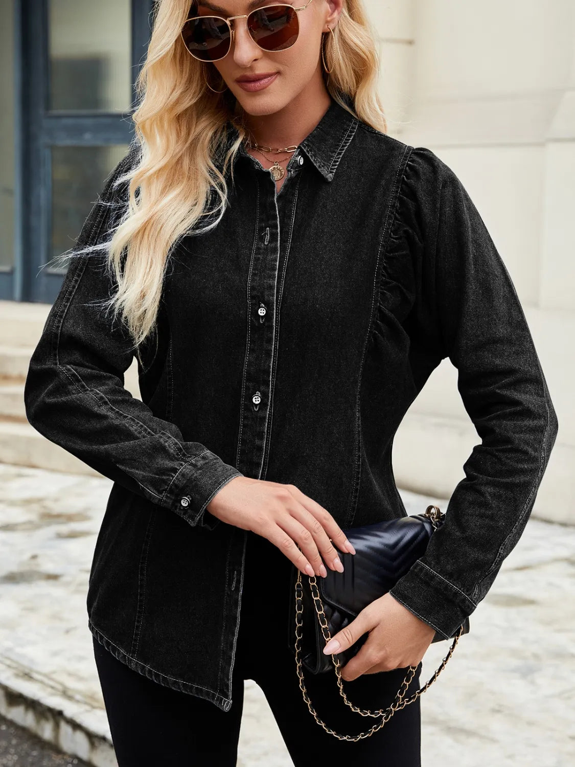 Button Down Collared Neck Denim Shirt - Lilixa.store