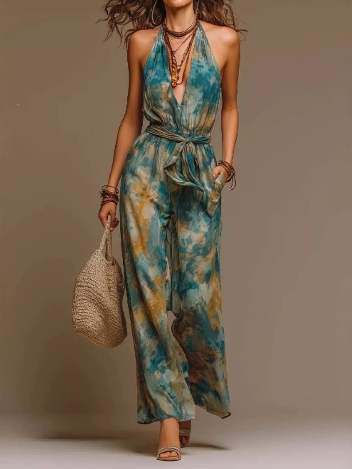 Full Size Tie-Dye Halter Neck Wide-Leg Jumpsuit Plus Size