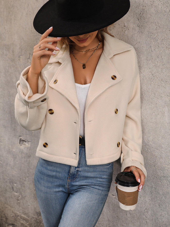 Perfee Button Up Collared Neck Long Sleeve Jacket in Sand