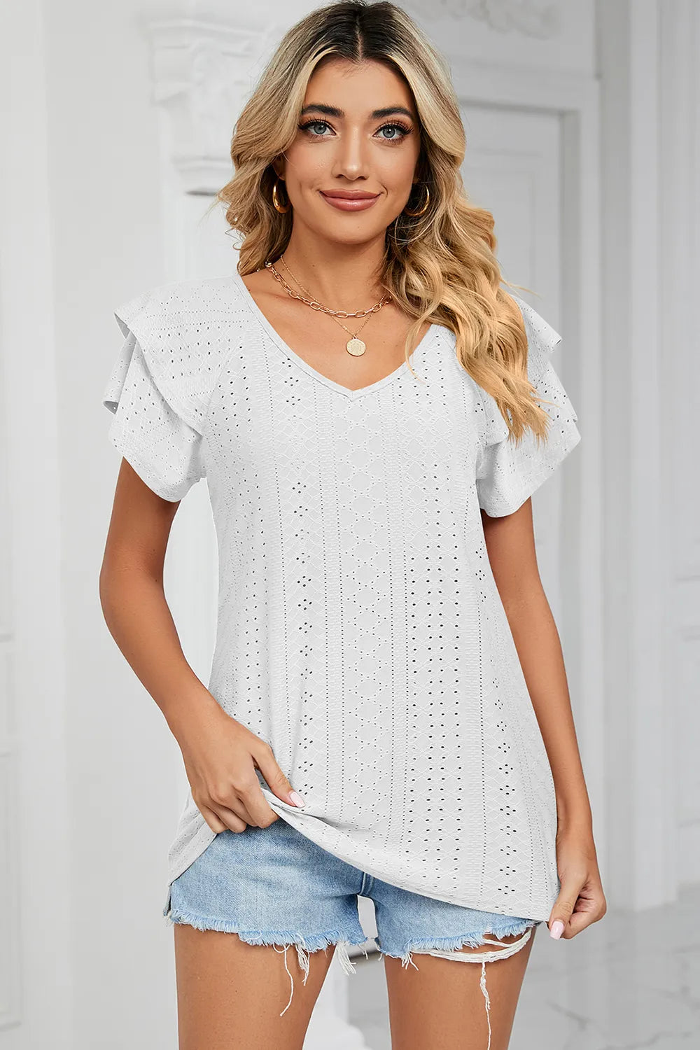 Eyelet V-Neck Short Sleeve T-Shirt - Lilixa.store