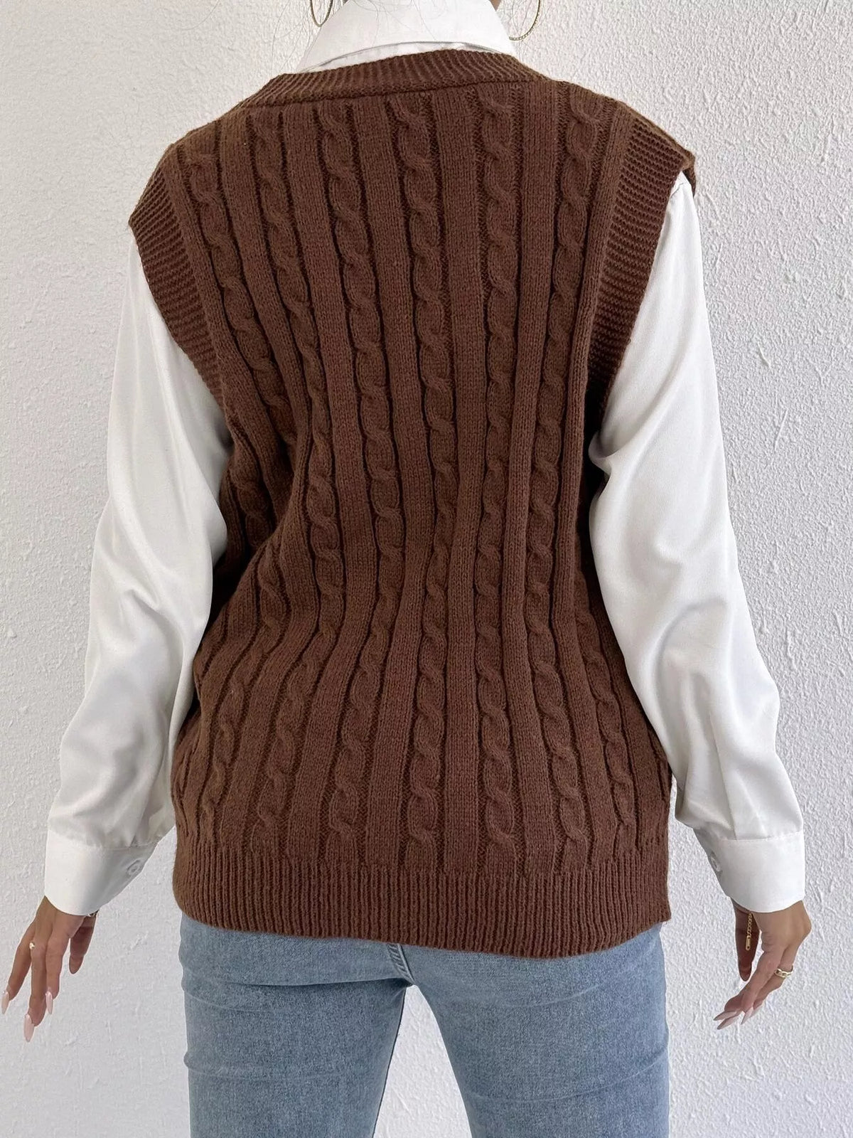 V-Neck Cable Knit Button-Down Sweater Vest with Heart Embroidery