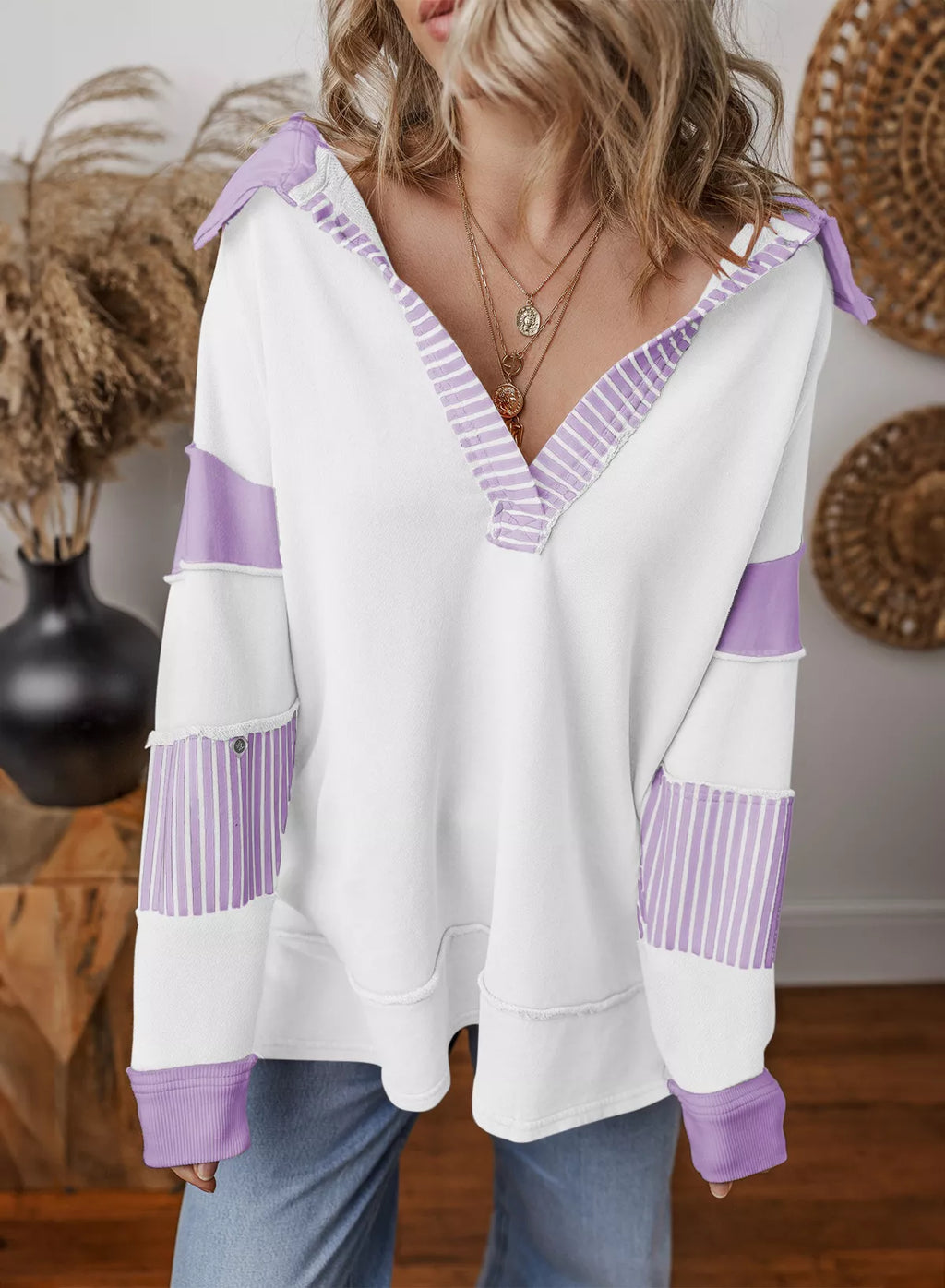Color Block Striped Johnny Collar Sweatshirt - Lilixa.store