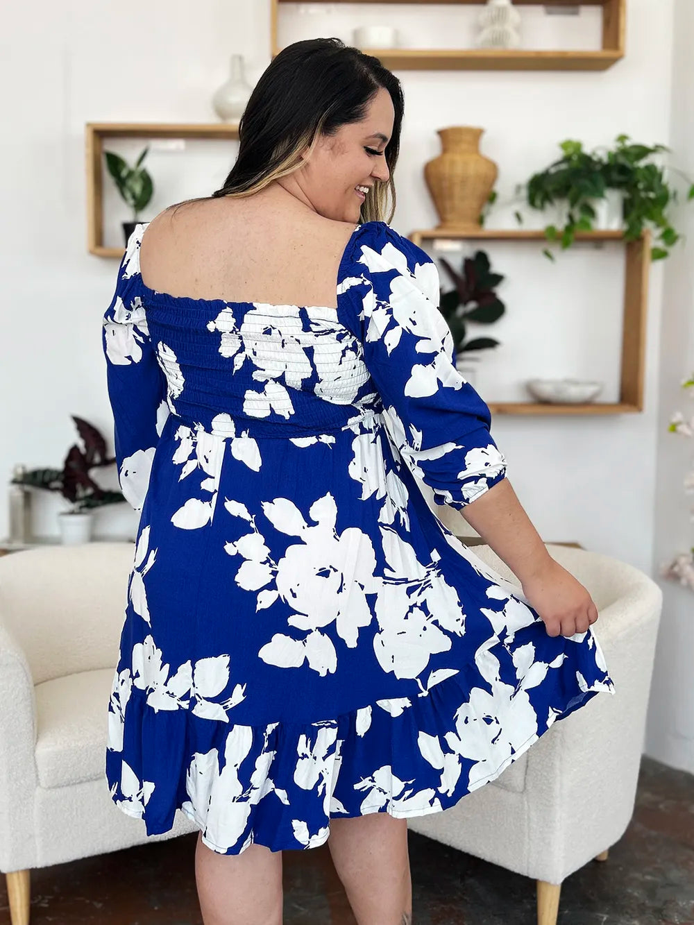Double Take Full Size Floral Ruffle Hem Smocked Dress with Pockets - Lilixa.store