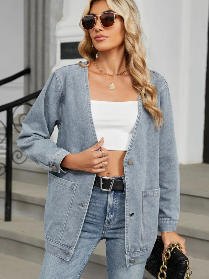 Pocketed V-Neck Button Up Denim Jacket in Light Blue