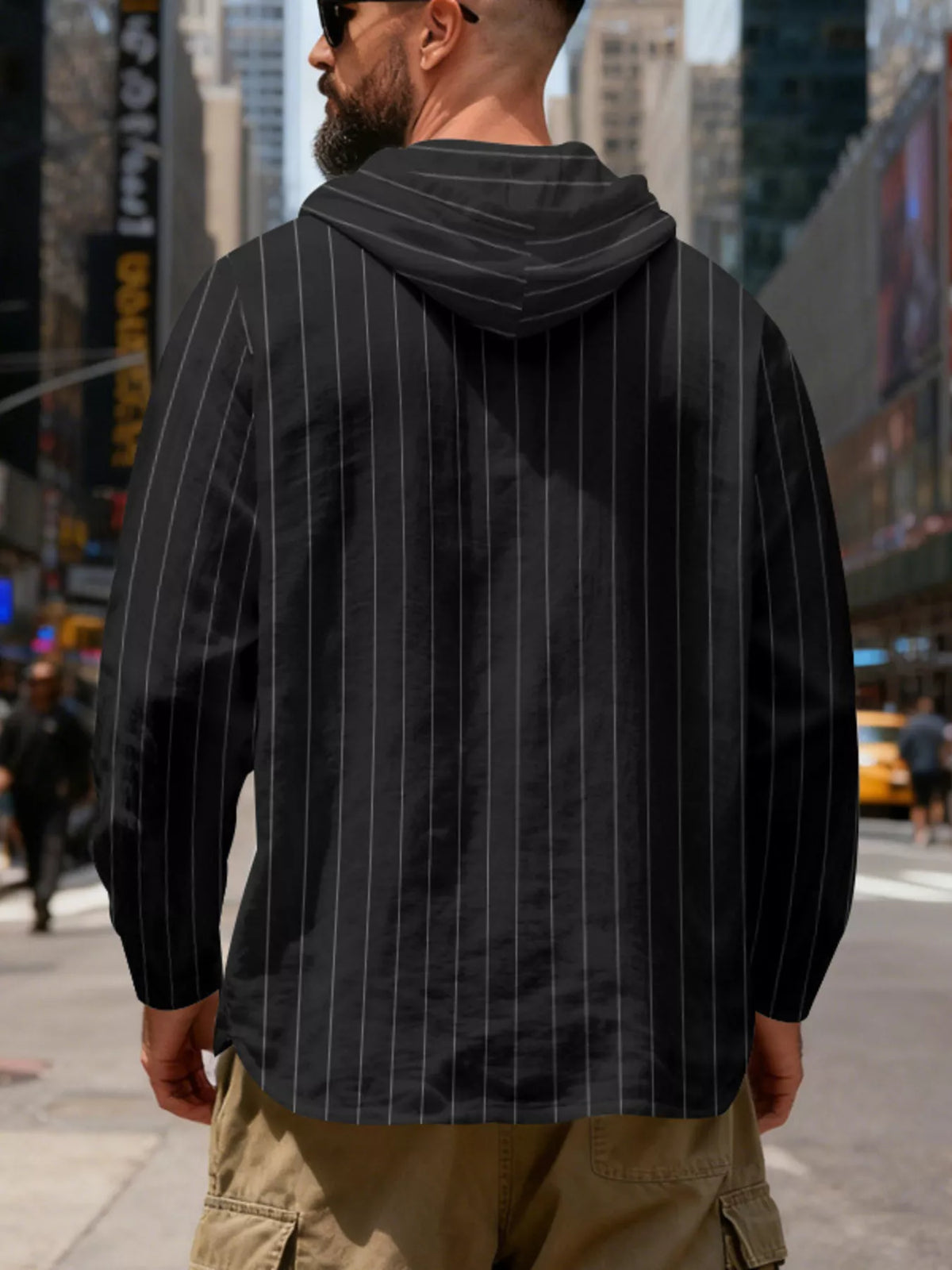 Men's Full Size Casual Striped Henley Hoodie with Drawstring Plus Size, view 11