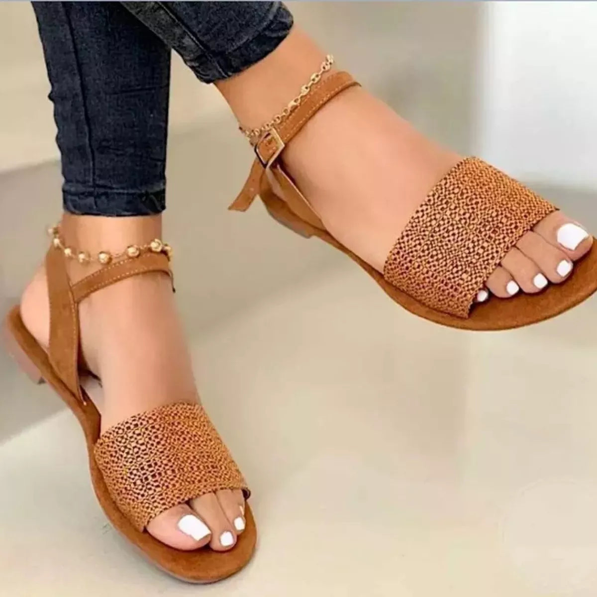 Open Toe Ankle-Strap Flat Sandals in Brown