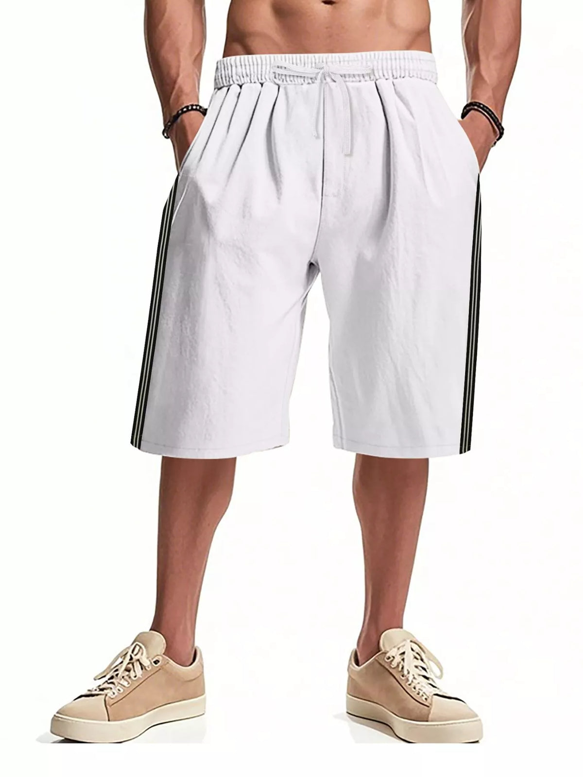 Men's Full Size Casual Striped Shorts Plus Size in White