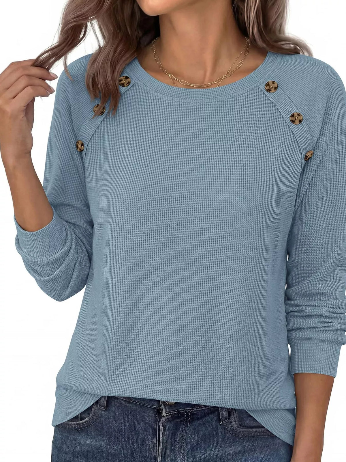 Decorative Button Waffle Knit Long Sleeve T-Shirt