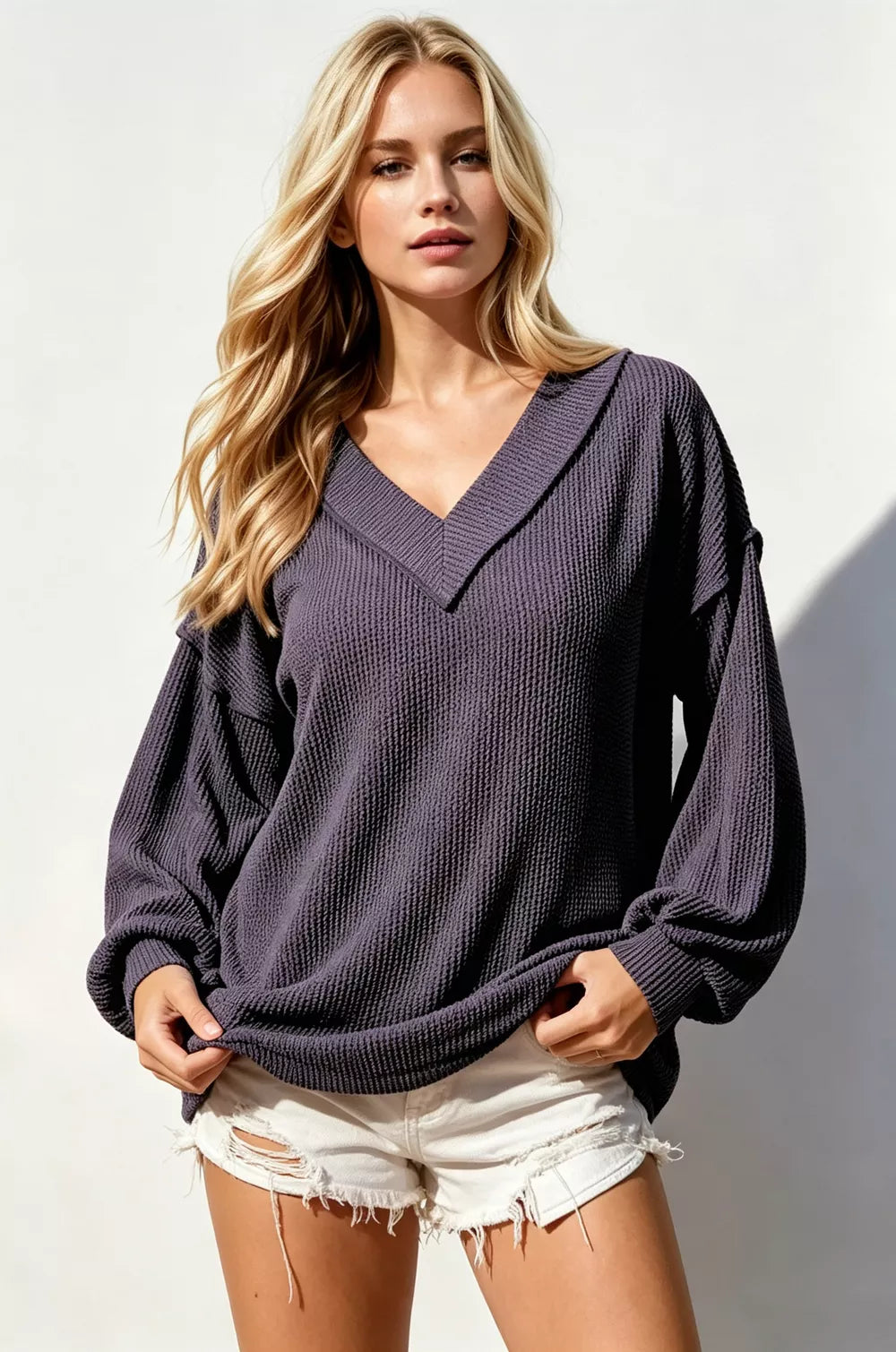 Double Take Exposed Seam Ribbed Textured V-Neck Long Sleeve T-Shirt in Purple, view 3